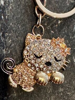 Kitty Cat Bag Charm NIP Keychain Enamel Rhinestones NEW Golden Yellow Gold
